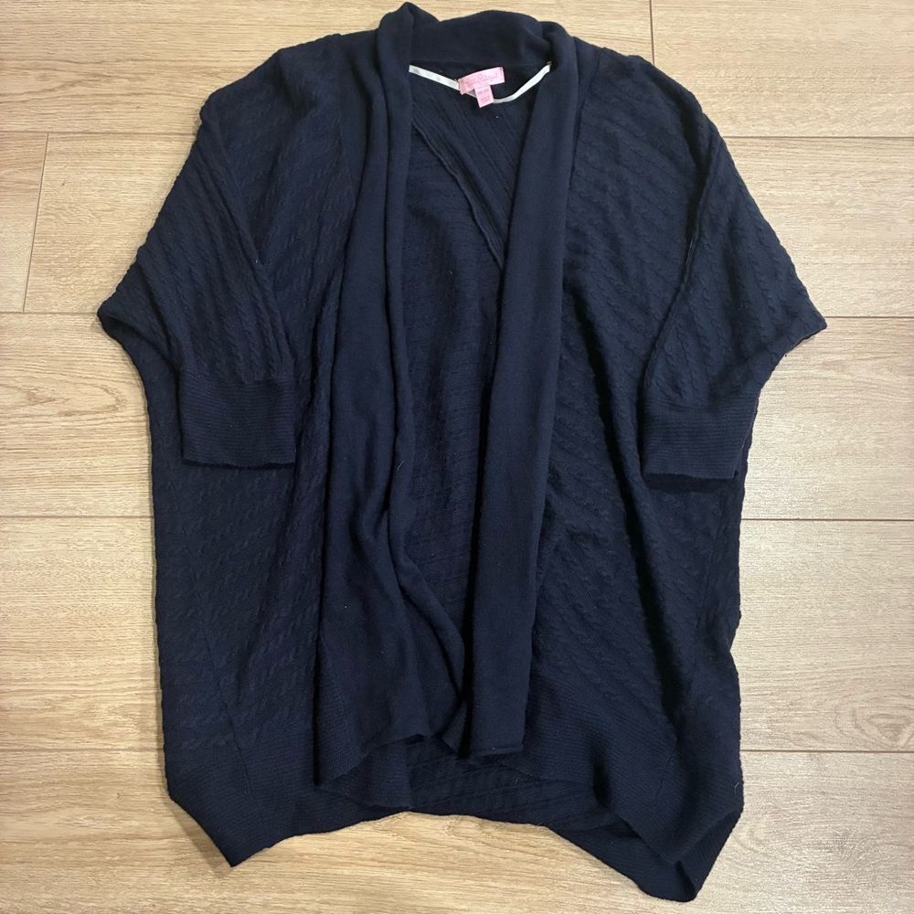 Lilly Pulitzer Navy Short Sleeve Cashmere Wool Open Front Cardigan One Size